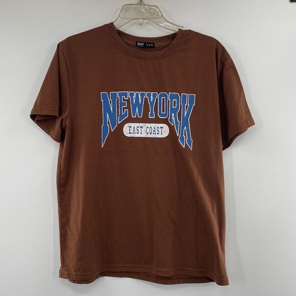 3For$20 ROMWE New York Tee Brown/Blue Crop size S - Picture 1 of 5
